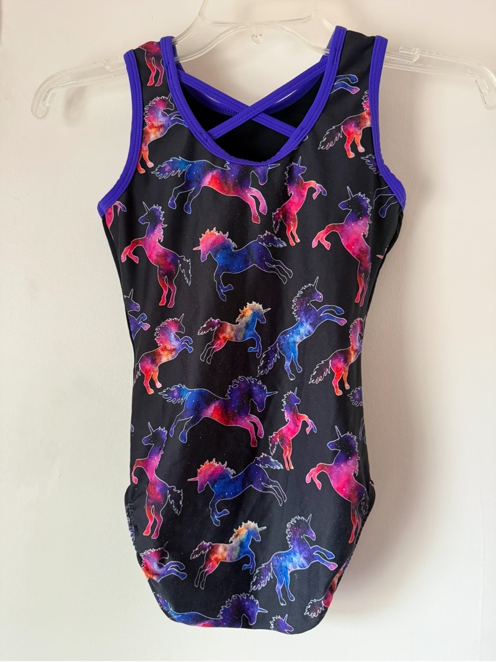 Girls' Black Unicorn Print Plum Practicewear Leotard Purple Trim